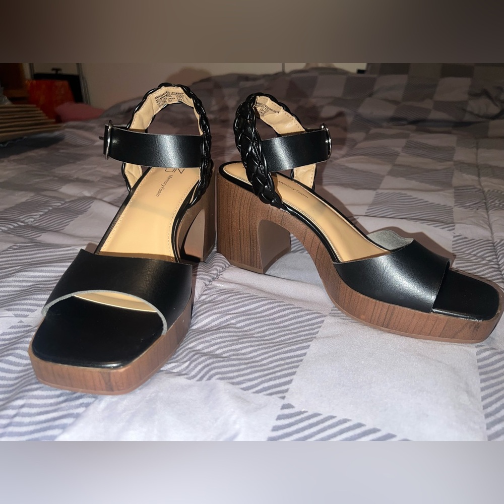 Black Pair Of Memory Foam With Brown Chunky Heels